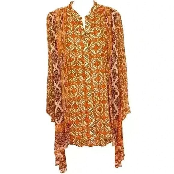 Soft Surroundings Paysan Medallion Boho Tunic Top sz L Roll-Tab Sleeve Orange - Picture 1 of 9